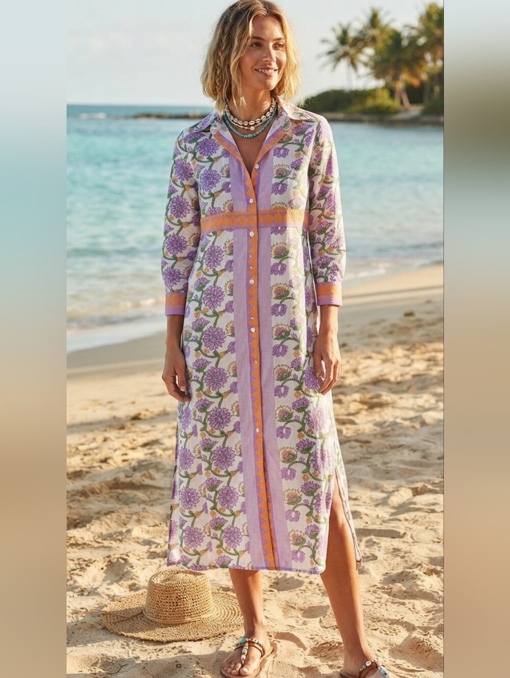 NWT Calypso St. Barth Floral Button-Front Border Print Maxi Shirt Dress Duster - Picture 3 of 7